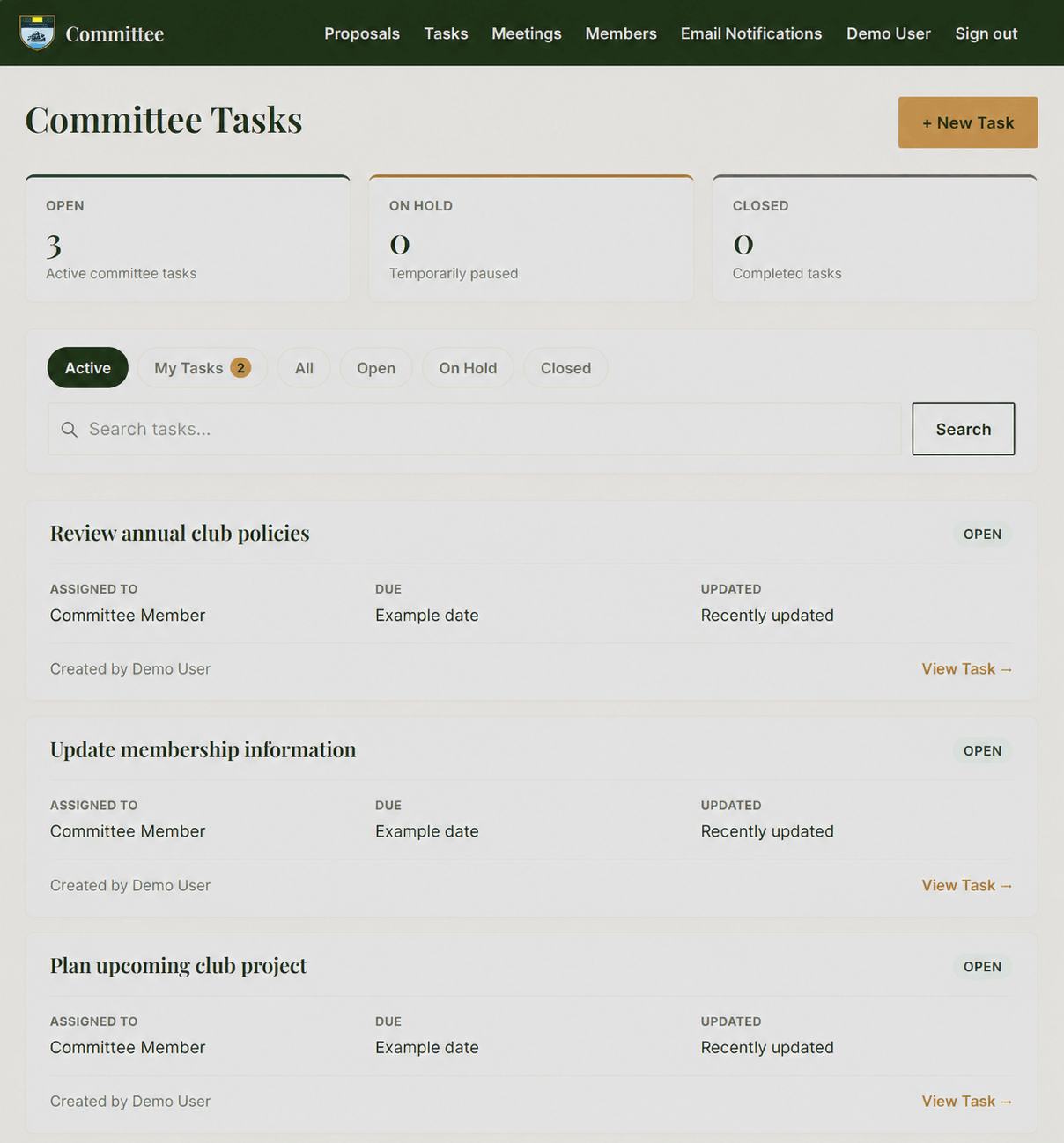 Sanitised demonstration of the Cleveland Golf Club committee dashboard showing example committee tasks and a proposal